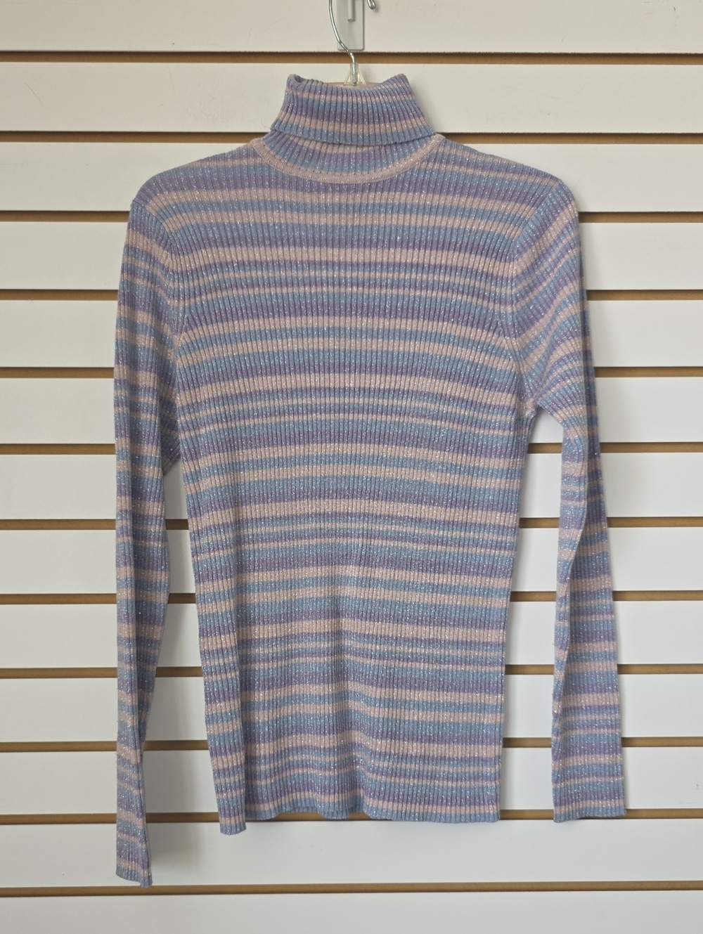 Metalllic Striped Ribbed Turtleneck Sweater Lg